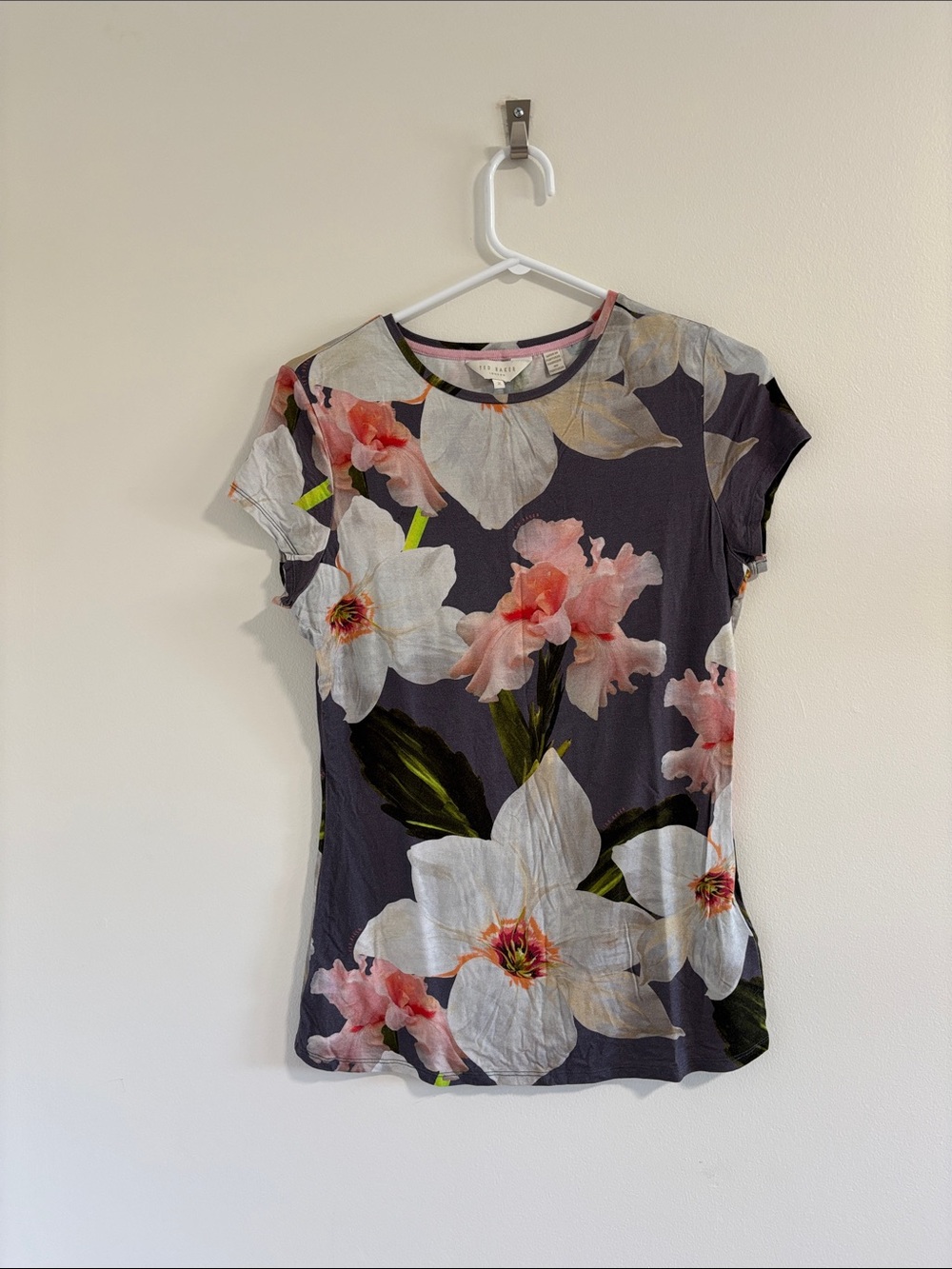 Ted Baker Charcoal Short Sleeve Tee with Pink & White Floral Print Size 2